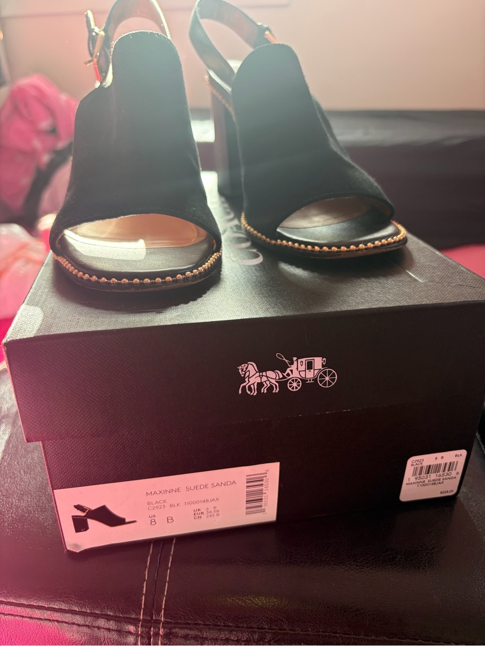 Coach Black Suede Peep-Toe Block Heels with Gold Bead Trim